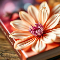 a beautiful, enchanting book cover featuring a mesmerizing close-up of a delicate flower, its petals elegantly spread out with intricate details, surrounded by a soft, dreamy bokeh background, vibrant colors