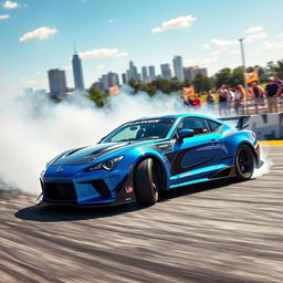 A high-performance drift car shredding around a racetrack, leaving trails of tire smoke