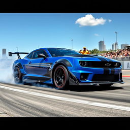 A high-performance drift car shredding around a racetrack, leaving trails of tire smoke