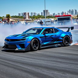 A high-performance drift car shredding around a racetrack, leaving trails of tire smoke