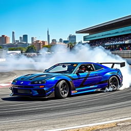 A high-performance drift car shredding around a racetrack, leaving trails of tire smoke