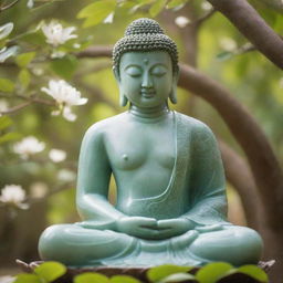 A serene statue of Buddha, intricately carved from gleaming jade, seated peacefully under a blooming Bodhi tree with soft morning sunlight filtering through the leaves.