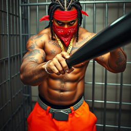 A close-up of a muscular, mean-looking African American gang member in a prison cell