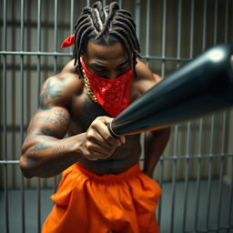 A close-up of a muscular, mean-looking African American gang member in a prison cell