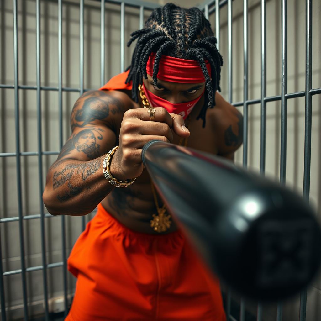 A close-up of a muscular, mean-looking African American gang member in a prison cell