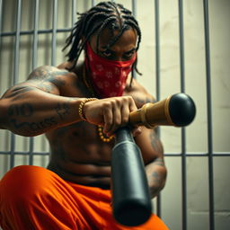 A close-up of a muscular, mean-looking African American gang member in a prison cell