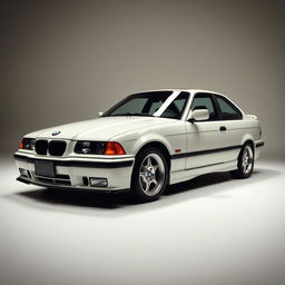 A classic vintage car showcasing a BMW E36 model, beautifully lit in a studio setting