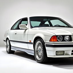 A classic vintage car showcasing a BMW E36 model, beautifully lit in a studio setting