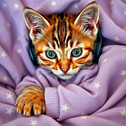 A majestic tabby kitten with vibrant orange stripes and mesmerizing emerald green eyes snuggled in cozy lavender pajamas adorned with twinkling stars