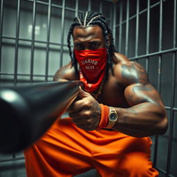 A close-up of a muscular African American gang member in a prison cell