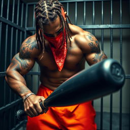 A close-up of a muscular African American gang member in a prison cell