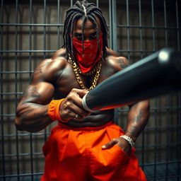 A close-up of a muscular African American gang member in a prison cell