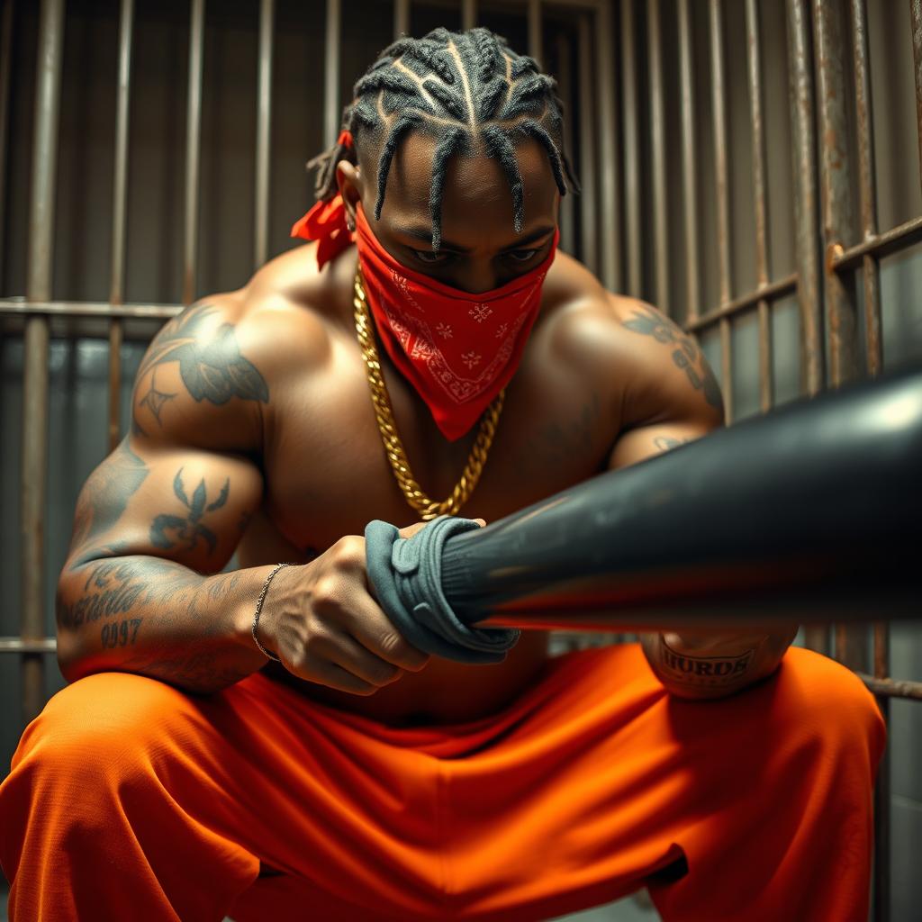 A close-up of a muscular African American gang member in a prison cell