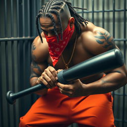 A close-up of a muscular African American gang member in a prison cell