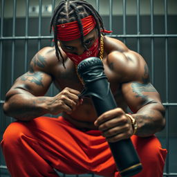 A close-up of a muscular African American gang member in a prison cell