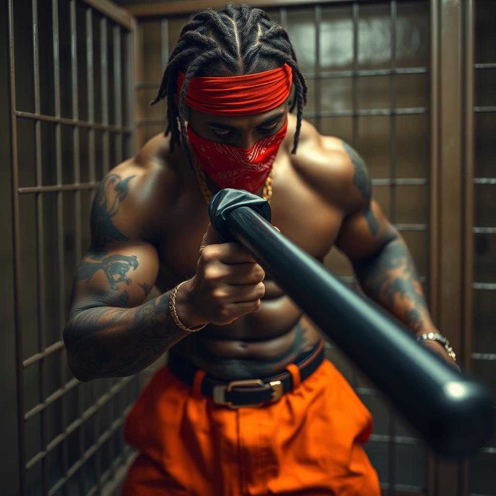 A close-up of a muscular African American gang member in a prison cell