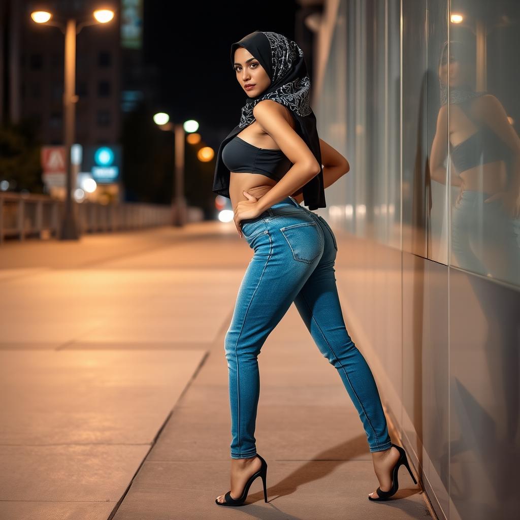 A sexy woman wearing stylish blue jeans, high heels, and a modern hijab, posing confidently in an urban setting