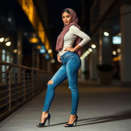 A sexy woman wearing stylish blue jeans, high heels, and a modern hijab, posing confidently in an urban setting