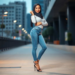 A sexy woman wearing stylish blue jeans, high heels, and a modern hijab, posing confidently in an urban setting