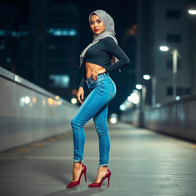 A sexy woman wearing stylish blue jeans, high heels, and a modern hijab, posing confidently in an urban setting