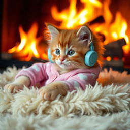 A fluffy orange kitten with bright green eyes, wearing soft pink pajamas patterned with tiny white hearts, lounging comfortably on a fluffy cream-colored rug in front of a crackling fireplace