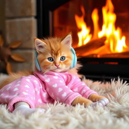 A fluffy orange kitten with bright green eyes, wearing soft pink pajamas patterned with tiny white hearts, lounging comfortably on a fluffy cream-colored rug in front of a crackling fireplace