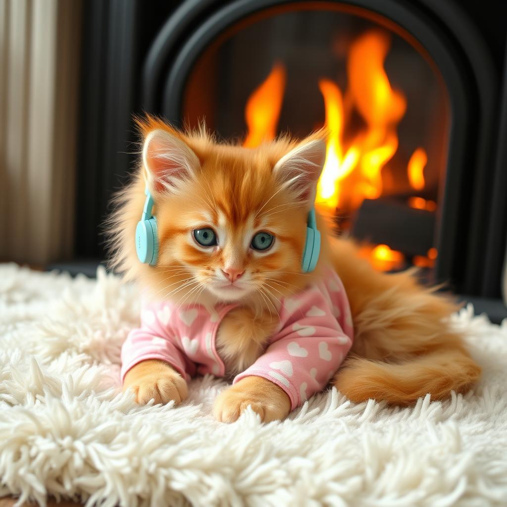 A fluffy orange kitten with bright green eyes, wearing soft pink pajamas patterned with tiny white hearts, lounging comfortably on a fluffy cream-colored rug in front of a crackling fireplace