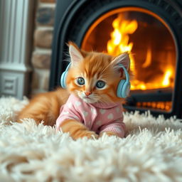 A fluffy orange kitten with bright green eyes, wearing soft pink pajamas patterned with tiny white hearts, lounging comfortably on a fluffy cream-colored rug in front of a crackling fireplace