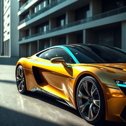 A sleek gold car with a striking cyan stripe running along its side, reflecting sunlight with a metallic sheen