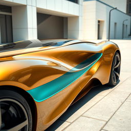 A sleek gold car with a striking cyan stripe running along its side, reflecting sunlight with a metallic sheen