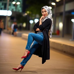 A sexy Asian woman with an elegant face, wearing stylish blue jeans, high heels, and a modern hijab, posing confidently in an urban setting