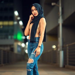 A sexy Asian woman with an elegant face, wearing stylish blue jeans, high heels, and a modern hijab, posing confidently in an urban setting