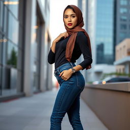 A sexy Asian woman with an elegant face, wearing stylish blue jeans, high heels, and a modern hijab, posing confidently in an urban setting