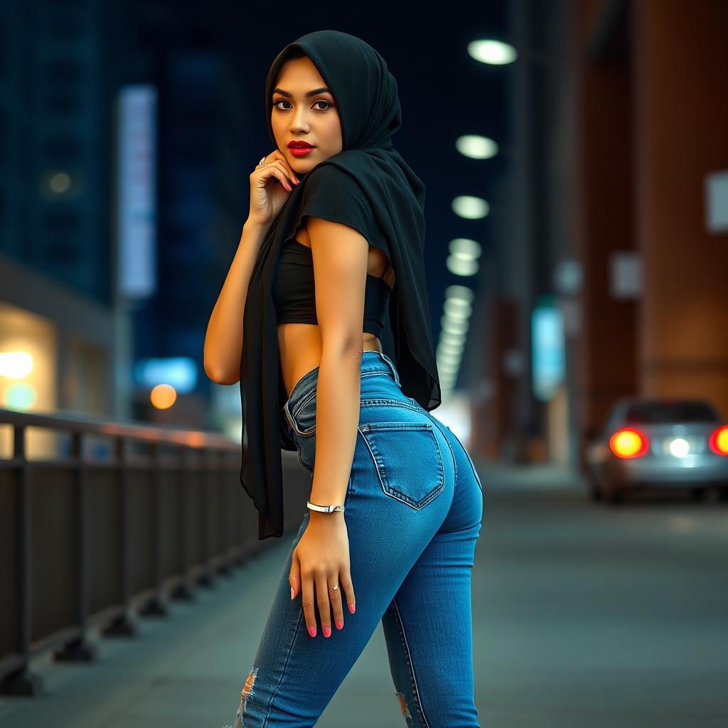 A sexy Asian woman with an elegant face, wearing stylish blue jeans, high heels, and a modern hijab, posing confidently in an urban setting