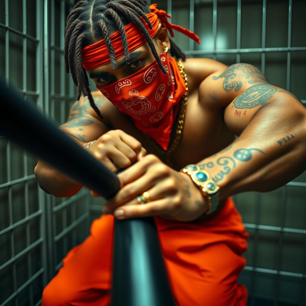 A close-up of a muscular African American gang member in a prison cell