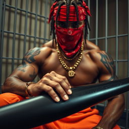 A close-up of a muscular African American gang member in a prison cell