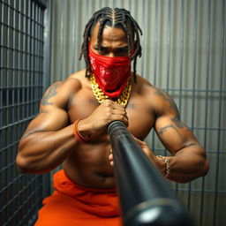 A close-up of a muscular African American gang member in a prison cell