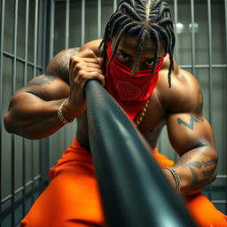 A close-up of a muscular African American gang member in a prison cell