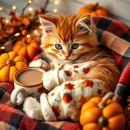 A fluffy orange tabby kitten with vivid green eyes curled up on a cozy plaid blanket