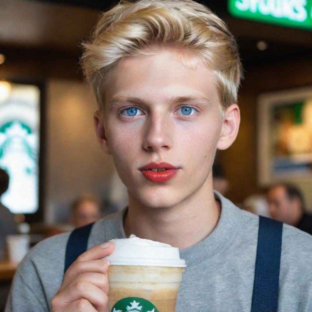 Hyper-realistic image of an 18-year-old boy with Chilean and Spanish heritage, blonde, with blue eyes, 1.80m tall, red lips, drinking lemonade in a Starbucks.