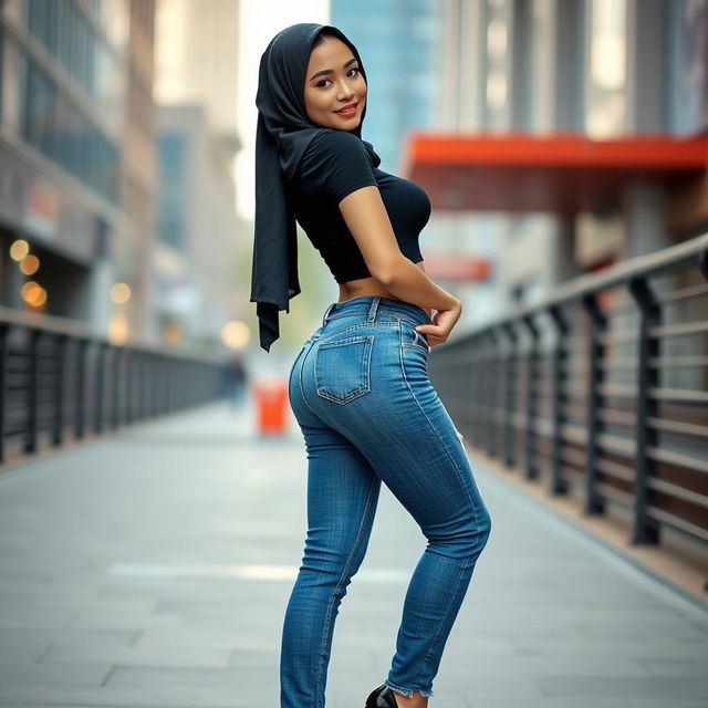 A sexy Asian woman with an alluring face and voluptuous figure, wearing stylish blue jeans, high heels, and a modern hijab