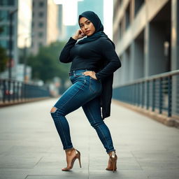 A sexy Asian woman with an alluring face and voluptuous figure, wearing stylish blue jeans, high heels, and a modern hijab