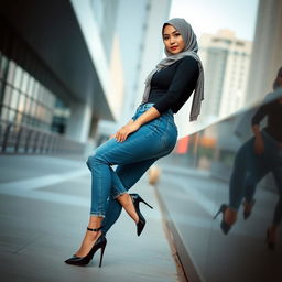 A sexy Asian woman with an alluring face and voluptuous figure, wearing stylish blue jeans, high heels, and a modern hijab