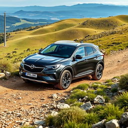 Opel car driving on a rugged all-road terrain, showcasing its powerful performance and sleek design