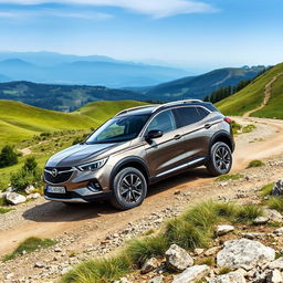 Opel car driving on a rugged all-road terrain, showcasing its powerful performance and sleek design