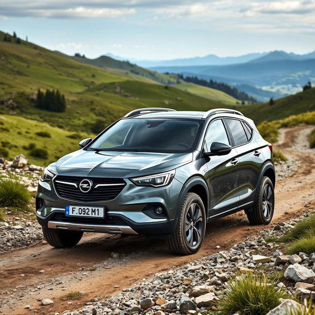 Opel car driving on a rugged all-road terrain, showcasing its powerful performance and sleek design