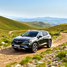 Opel car driving on a rugged all-road terrain, showcasing its powerful performance and sleek design