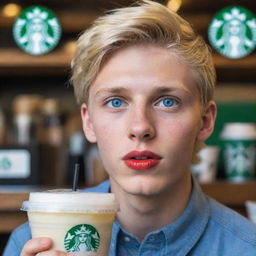 Hyper-realistic image of an 18-year-old boy with Chilean and Spanish heritage, blonde, with blue eyes, 1.80m tall, red lips, drinking lemonade in a Starbucks.