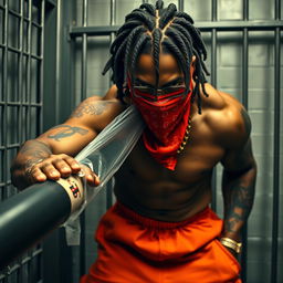 A close-up of a muscular African American gang member in a prison cell