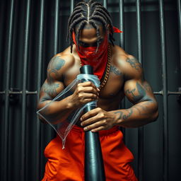 A close-up of a muscular African American gang member in a prison cell